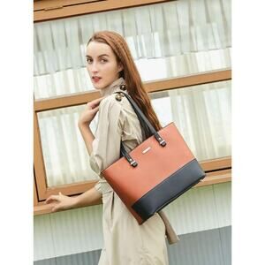 Elim & Paul Tote Bag Faux Leather Colorblock  Purse Brown Black Shoulder Bag